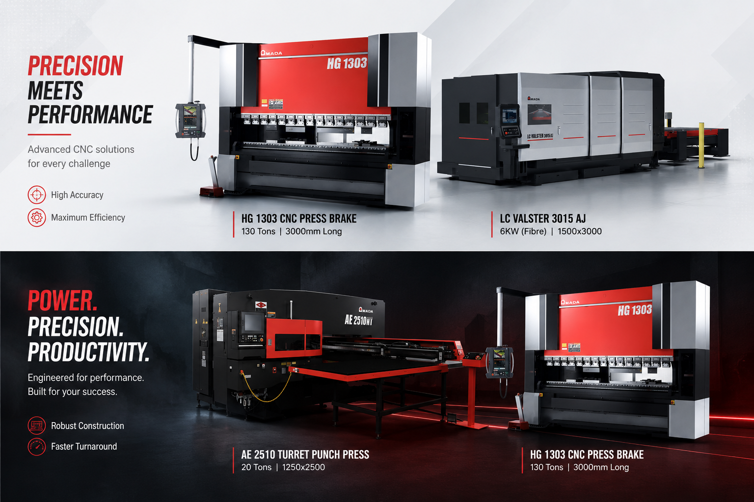 Amada HG 1303 CNC Press Brake, LC Valster 3015 AJ Laser Cutter, AE 2510 NT Turret Punch Press